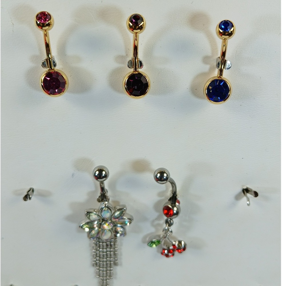 Set of 5 Navel Belly Button Rings Gold Silver Tone Floral Cherry Tassel Crystal - Picture 7 of 13